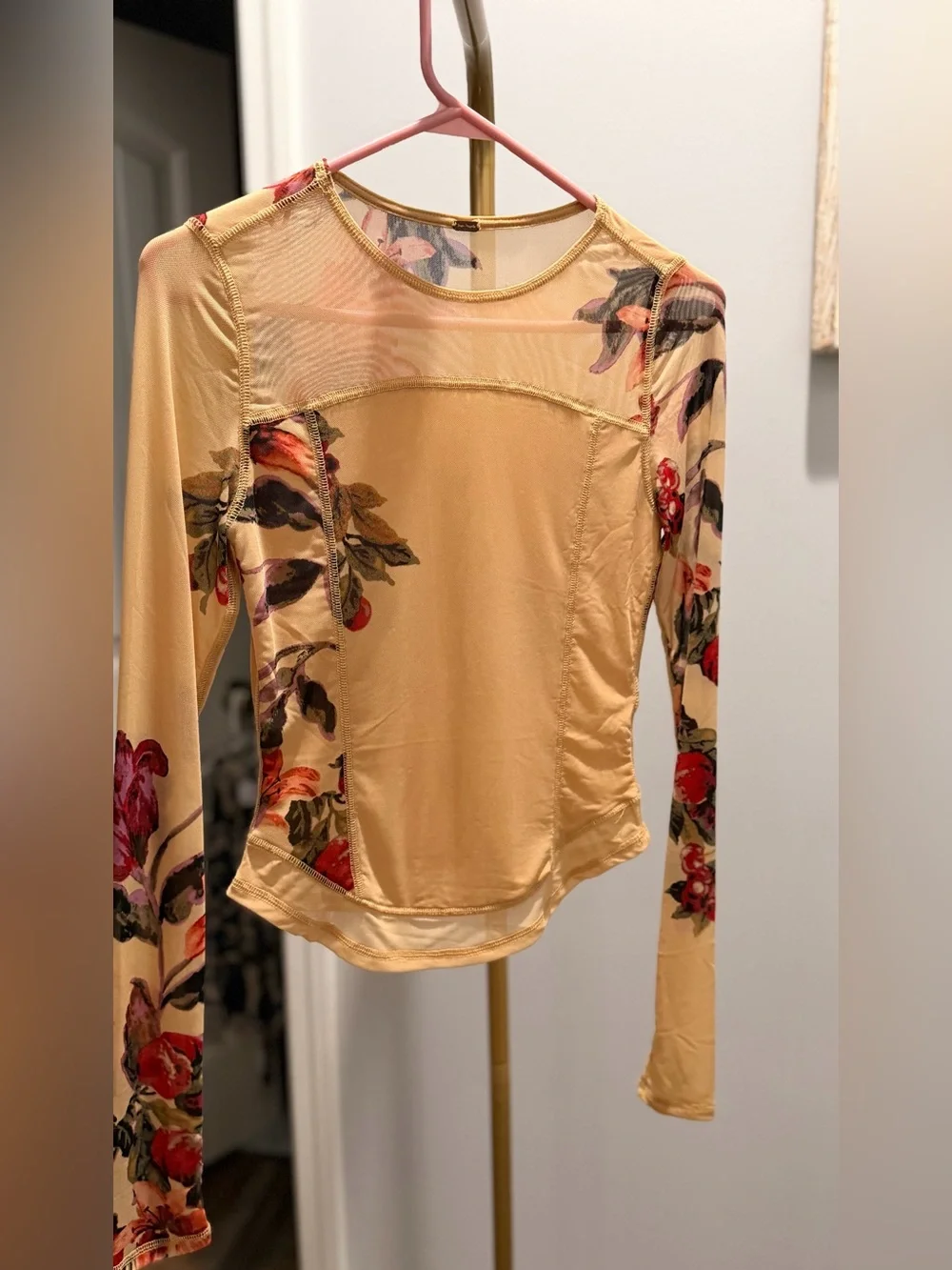 Free People Beige Long-Sleeve Mesh Panel Top with Floral Sleeves